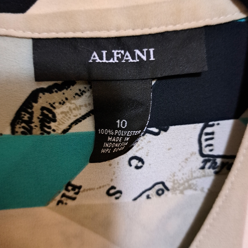 Alfani Womens Geometric Print Blouse Turquoise Black Tan Split Neck Top Sz 10 - Picture 7 of 7